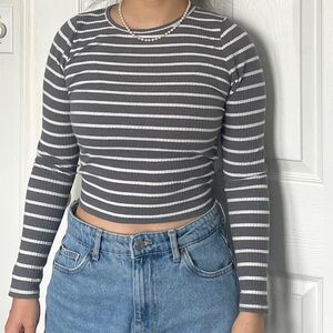 Hollister Charcoal and White Striped Long Sleeve Tee